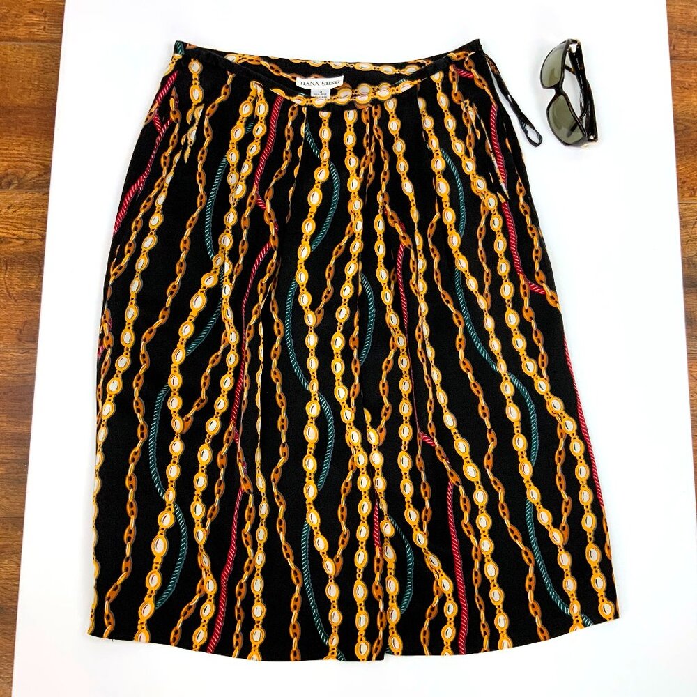Hana Sung Midi Pleated Silk Skirt Chain Jewel Print Sz 12-10 - Picture 11 of 16